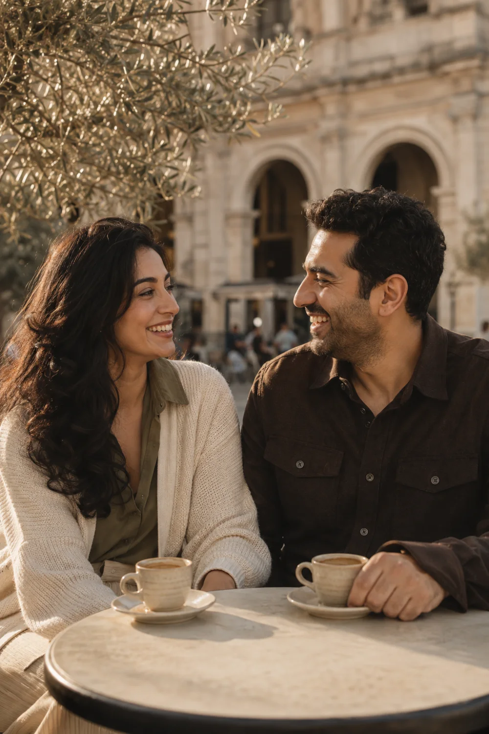 Two adults sharing a conversation at an outdoor café